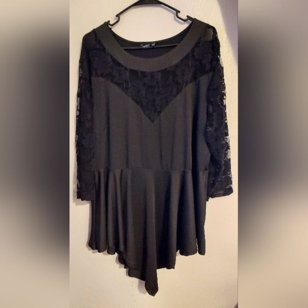 SHEIN Women's 3/4 Sheer Floral Sleeve Tunic Blouse Top Size 2XL Black